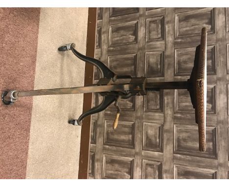 VINTAGE SCULPTORS MODELLING TABLEwith ratchet cranked adjustable height mechanism, on a tripod base, work top 51cm x 35cm
