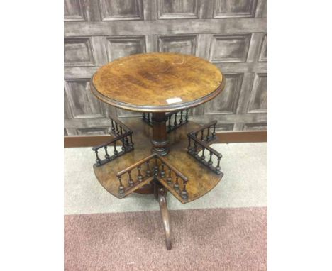 VICTORIAN BURR AND FIGURED WALNUT CIRCULAR REVOLVING BOOK TABLE with attractive galleried under tier, on tripod legs, top 43 