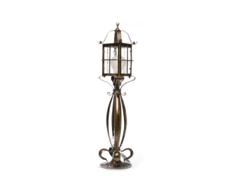 HAMMERED OXIDISED BRASS TABLE LAMP OF ART NOUVEAU DESIGNthe square lantern shade with frosted glass panels, supported byfour 