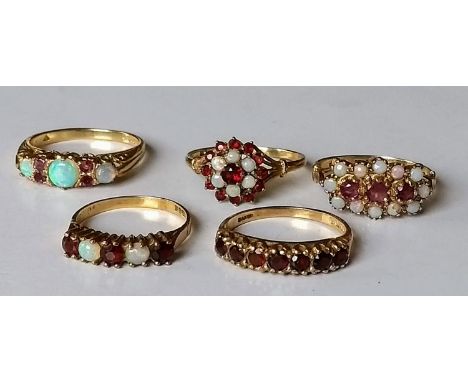 An assortment of five opal and gem-set rings on 9ct yellow gold settings, sizes M-S, all hallmarked, 12.53g (5) 