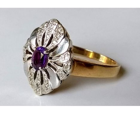 A mid-20th century yellow and white gold amethyst-set ring, size T, hallmarked, 6.87g 