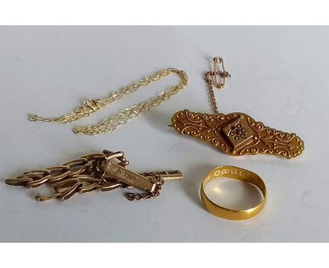 A 22ct gold wedding band, size M, 2.2g; an Edwardian ruby and seed pearl brooch, a light neck chain and scrap gold watch link