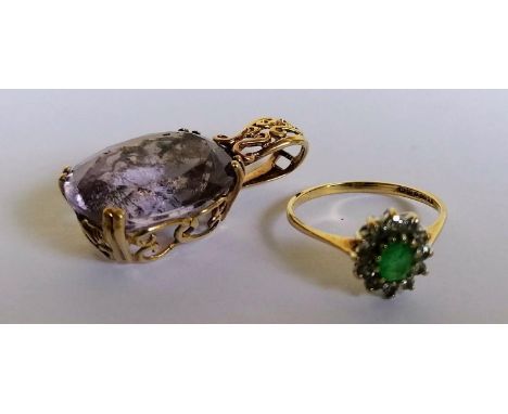 An oval emerald and cubic zirconia cluster ring in a 9ct gold claw setting, size M, 1.38g with a FGA insurance valuation for 