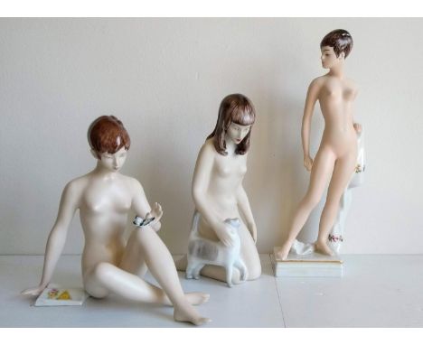 Three Royal Dux bisque nude female figurines, polychrome decorated, glazed, raised pink triangle marks to base, 20, 23, 31.5 