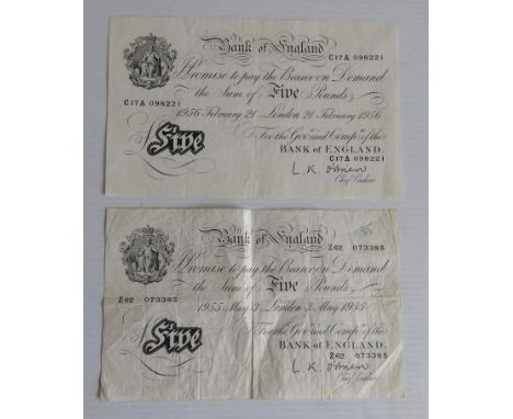 Two Bank of England White Five Pounds, L. K. O'Brien London May 3 1955, serial no. Z62 073385 and February 21 1956, C17A 0982