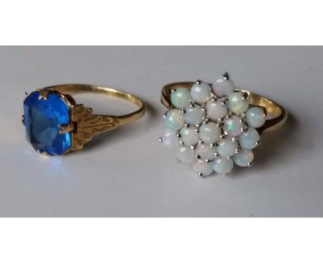 A 9ct gold opal cluster ring in a basket setting, size S 1/2, hallmarked and an Art Deco blue gem-set ring, size Q, stamped 9