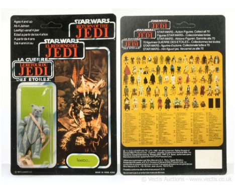 Palitoy Star Wars vintage Return of the Jedi Tri-Logo Teebo 3 3/4" figure, Mint, within Good Plus (dented) bubble, upon Excel