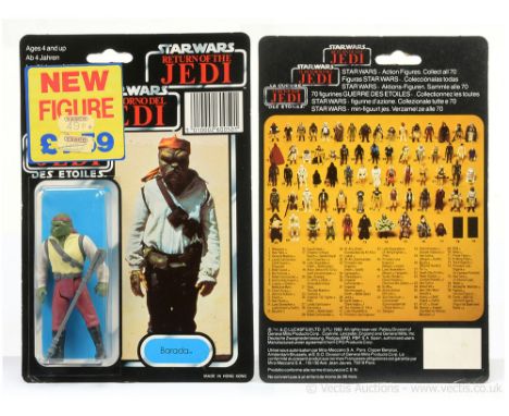 Palitoy Star Wars vintage Return of the Jedi Tri-Logo Barada 3 3/4" figure, Mint, within Near Mint bubble, upon Excellent (li