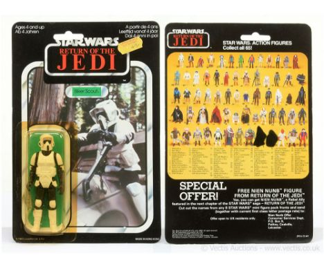 Palitoy Star Wars vintage Return of the Jedi Biker Scout 3 3/4" figure, Mint, within Excellent (yellowed) bubble, upon Near M