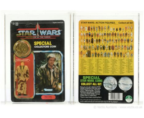 Kenner Star Wars vintage The Power of the Force Han Solo Trench Coat 3 3/4" figure, AFA Graded 80 Y-NM, upon un-punched 92 ba