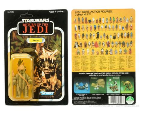 Kenner Star Wars vintage Return of the Jedi Teebo 3 3/4" figure, Mint, within Excellent (yellowed) bubble, upon Good (creased