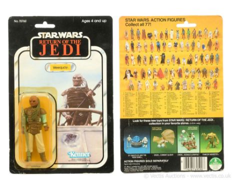 Kenner Star Wars vintage Return of the Jedi Weequay 3 3/4" figure, Mint, within Good Plus (dented and yellowed) bubble, upon 