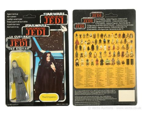 Kenner Star Wars vintage Return of the Jedi Tri-logo The Emperor 3 3/4" figure, Mint, within Good (dented) bubble, upon Fair 