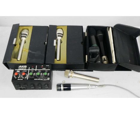 Microphones, two Technics RP-3550E, two x AKG and two more, AKG microphone amp, and a Shaftsbury microphone stand (untested).
