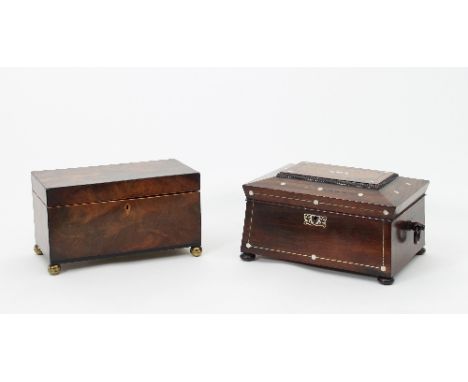 A Victorian rosewood work box, with turned ring handles and inlaid with mother-of-pearl, 52cm wide and a Victorian mahogany t