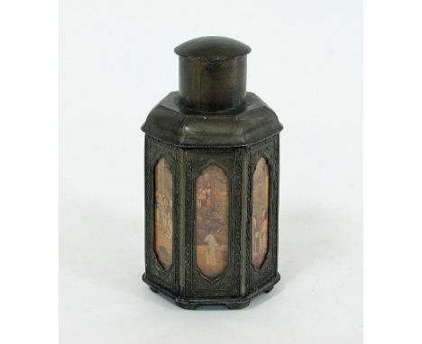 A Chinese pewter tea caddy, early 20th Century, of polygonal shape sides with reverse painted glass panels depicting figures 