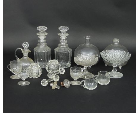 A quantity of glassware, to include a pair of mallet shaped decanters, two glass fly traps, three etched cups and various oth