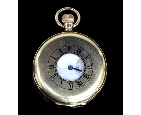 A 9ct gold cased half-hunter pocket watch, the case with Roman numerals in enamel, the white enamel dial signed J W Benson, L
