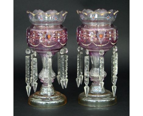 A pair of glass lustres, the pink blush bowls applied with enamel decoration, 34cm high 