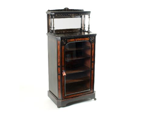 A 19th Century French ebonised and burrwood cabinet, with mirrored single shelf superstructure above the glazed cabinet of fi