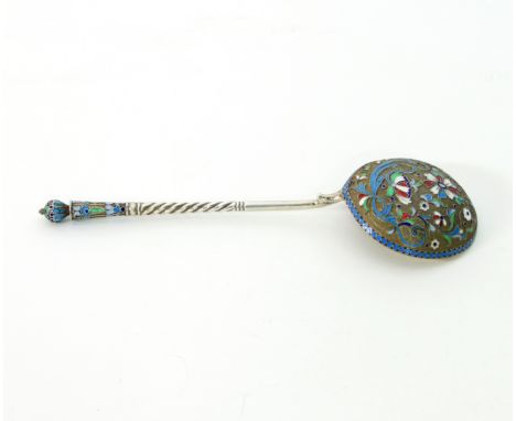 A Russian silver gilt and cloisonné enamel spoon, circa 1900, maker's mark unclear, with foliate design to reverse of bowl in