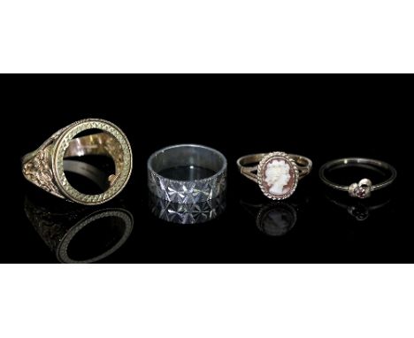 A 9ct gold ring mount, approximately 6.3gm, a cameo ring set in 9ct gold and two other rings (4)