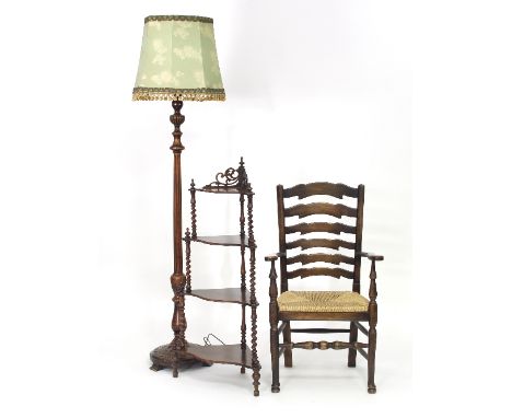 A mahogany four-tier whatnot, with spiral support, 42cm wide, a standard lamp with fluted column, carved base and printed sha