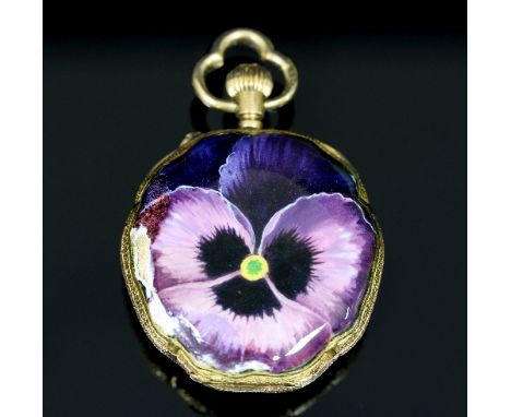 A lady's 18ct gold and enamelled pocket watch, the white enamel dial with Arabic numerals, the case back enamelled as a pansy