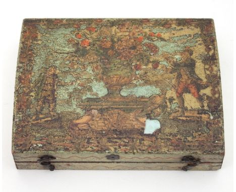 An 18th Century decoupage gaming token box, the slightly domed cover decorated a vase of flowers flanked by figures, enclosin