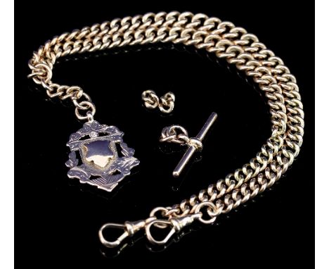 A 9ct gold double albert watch chain, the graduated links with a clip to each end and a 9ct fob to the centre, with a loose T