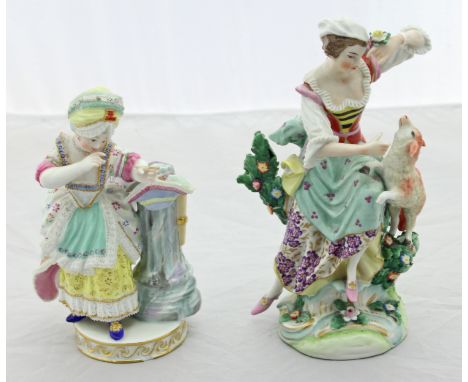 A Meissen style figure of a woman holding an arrow or dart, 16cm high and a German porcelain figure of a seated shepherdess
