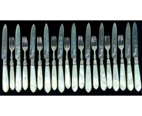 A part set of silver and mother-of-pearl handled fruit knives and forks, Richard Martin &amp; Ebenezer Hall, Sheffield 1895, 