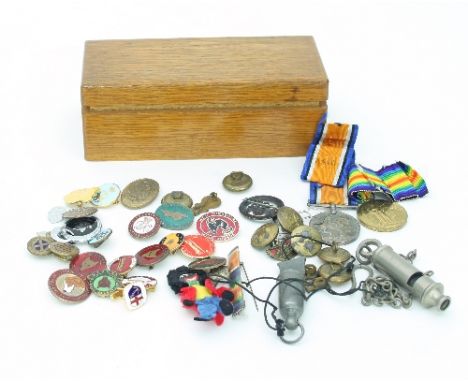 A World War I pair to 27640 Pte F Darnell Devon Regiment, comprising War Medal and Victory Medal, a quantity of RAF buttons, 