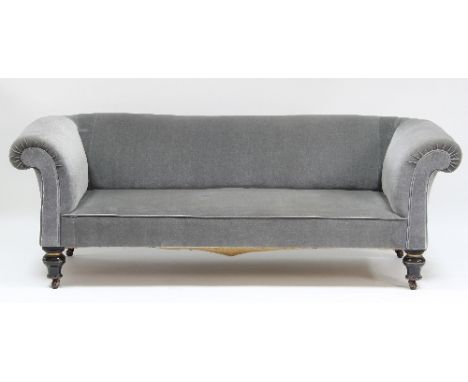 A Victorian upholstered sofa with scroll arms on turned front legs, 198cm wide
