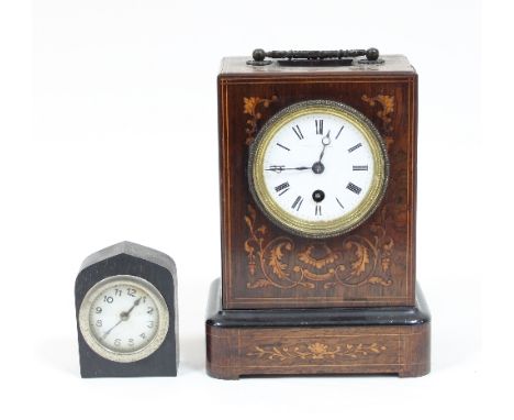 A Victorian marquetry mantel clock, the enamel dial marked Leroy à Paris, within a rosewood, foliate inlaid case, 21cm high a