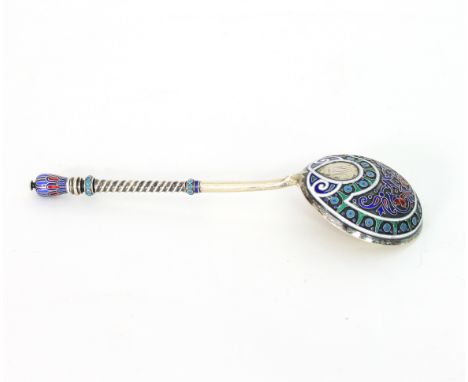A Russian silver gilt and cloisonné enamel spoon, Moscow 1888, maker's mark unclear, with entwined design to reverse of bowl 