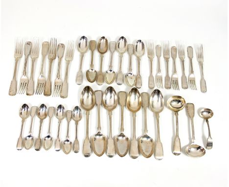 A collection of silver cutlery, fiddle and thread pattern, comprising seven table spoons 1865-1877, seven table forks 1804, s