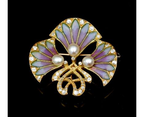 An Art Nouveau diamond, pearl and plique-à-jour enamel brooch, in the manner of Henri Vever, designed as stylised Gingko leav