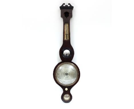A 19th Century inlaid barometer, J & J Cetta, Stroud, with silvered dial and brass thermometer plate, within a stained oak ca