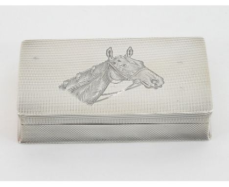 A silver snuff box, A W, Birmingham 1950, retailed by Asprey, engine turned decoration throughout, the lid centred by a study