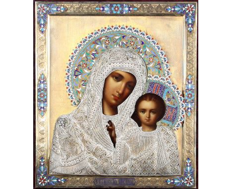 A Russian icon, Our Lady of Kazan, in a silver, silver gilt and cloisonné enamel oklad, assay mark Anatoly Apollonovich Artsy