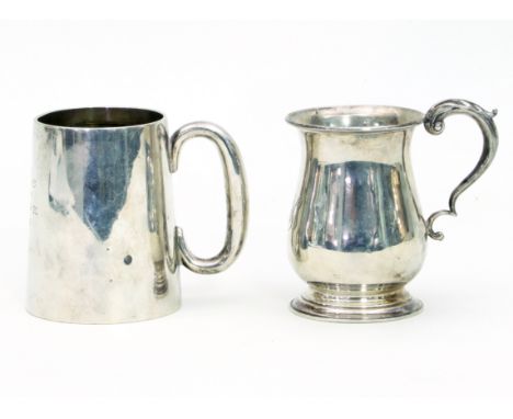 A silver half pint baluster mug, Birmingham 1908, approximately 100gm, and another tapering mug, London 1909, monogrammed, ap
