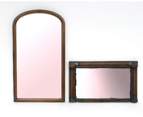 A mahogany overmantel mirror, with turned column surround, 88cm x 53cm and a cheval mirror (lacking frame), 117cm x 66cm 