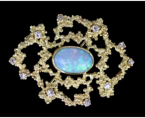 A 1970s 18ct gold, opal and diamond brooch, maker HMW, the central oval opal in a textured openwork surround set with ten dia