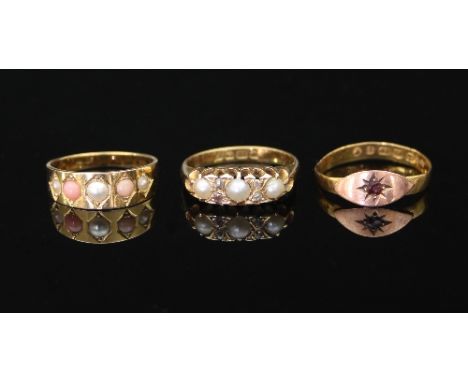 A coral and pearl five-stone ring, the alternating stones to an 18ct gold shank, ring size K½, a pearl and diamond ring, the 