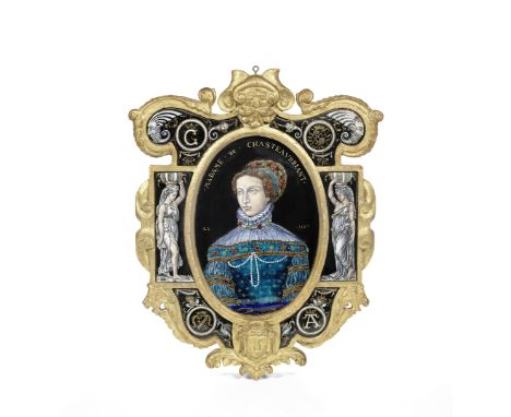 A 19th century French giltwood framed Limoges enamel  portrait plaque depicting Madame de Chateaubriant bearing initials L.L.
