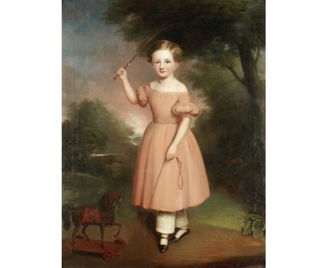 English School, 19th CenturyPortrait of a girl with a toy horse indistinctly initialled 'W F-' (lower right)oil on canvas92 x