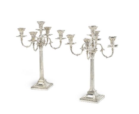 A pair of Victorian silver candelabraHawksworth, Eyre &amp; Co, London 1899 Corinthian column form, each with two sets of rem