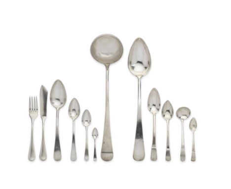 A quantity of Portuguese silver flatwareOld English pattern, comprising: twelve table spoons, Lisbon, early 19th century, a s