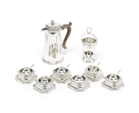 A collection of silver itemsComprising: A set of six trencher salts, L A Crichton, London four 1935, two 1936, shaped square 